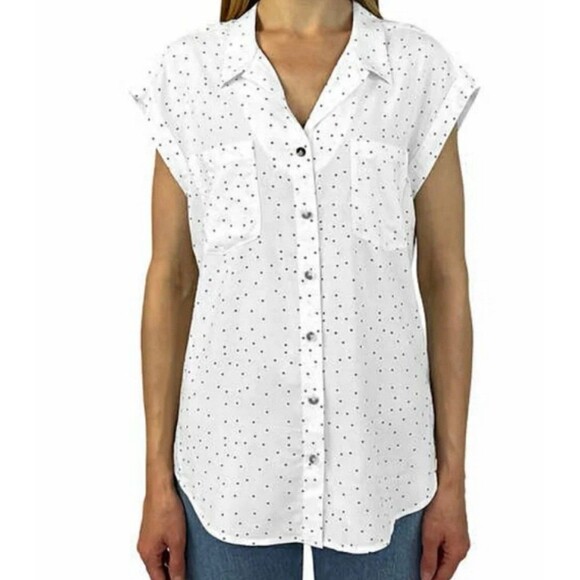 JACHS Girlfriend Women's Quinn Cap Sleeve Button Down Blouse (White/Blk, Size L - Picture 1 of 7